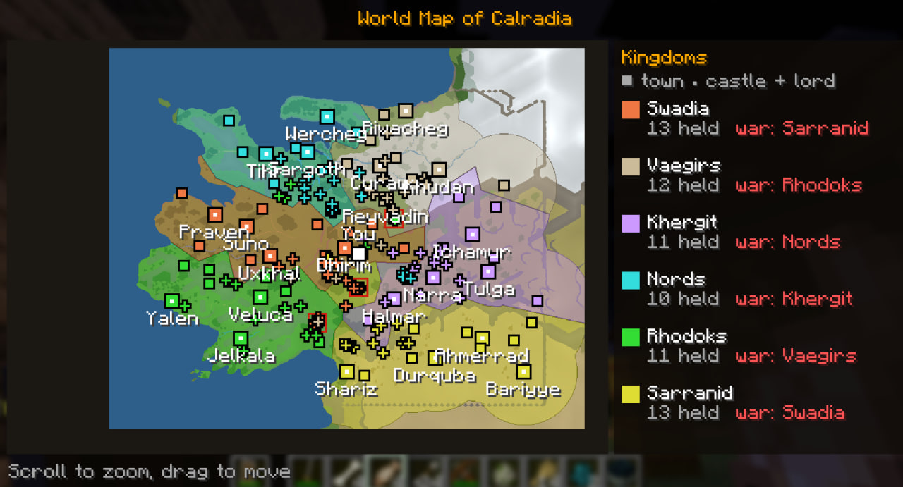 In-game world map of Calradia with six coloured kingdoms: Swadia, Vaegirs, Khergit, Nords, Rhodoks and Sarranid, with towns, castles and lords marked