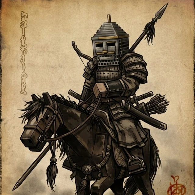 Ink and wash concept art of a horse archer in blocky square-faced helmet and armour on a square-headed horse, with bow, quiver, spear and swords
