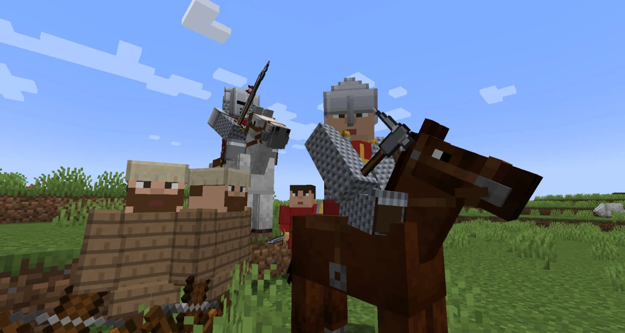 Mounted knights in chainmail and helms, a lance raised, with two bearded soldiers behind a wooden shield wall