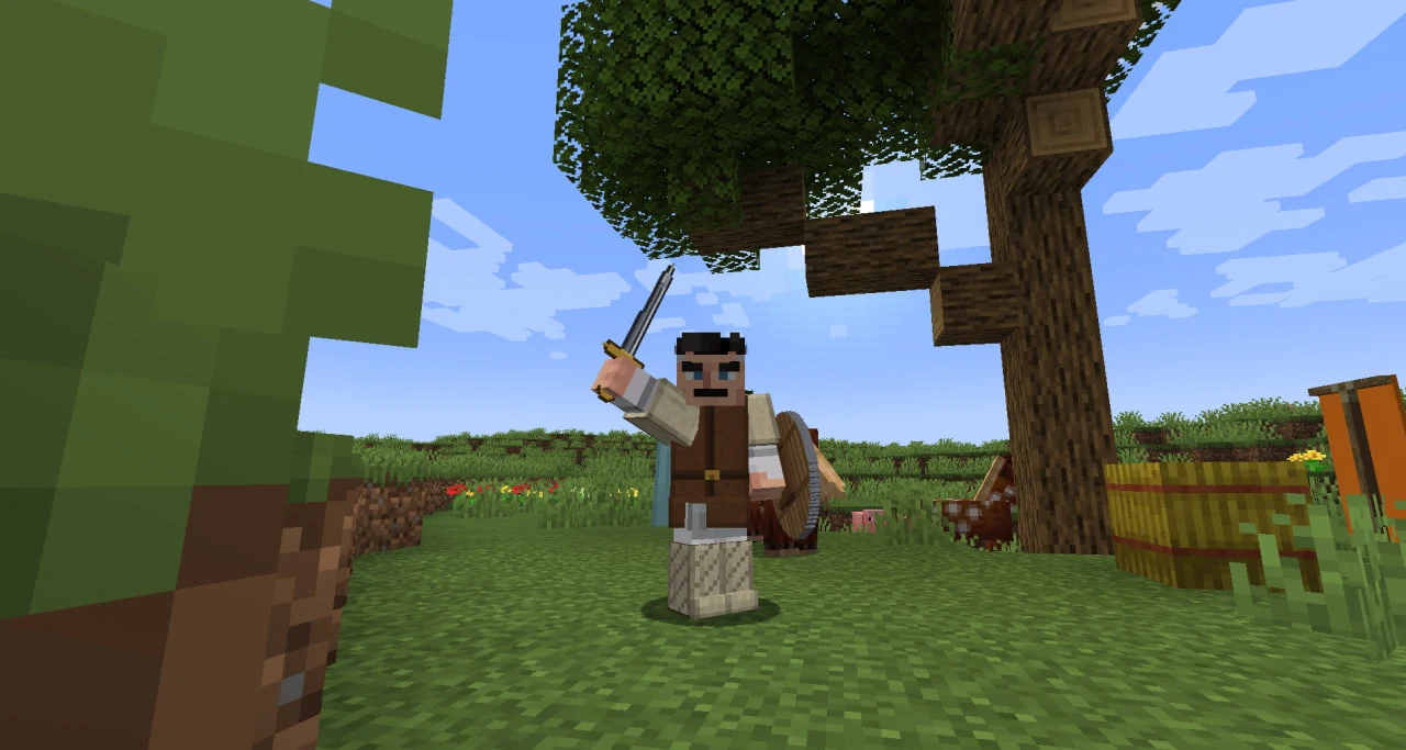 A soldier in a brown tunic raising a sword, a round shield on his arm, standing under an oak tree